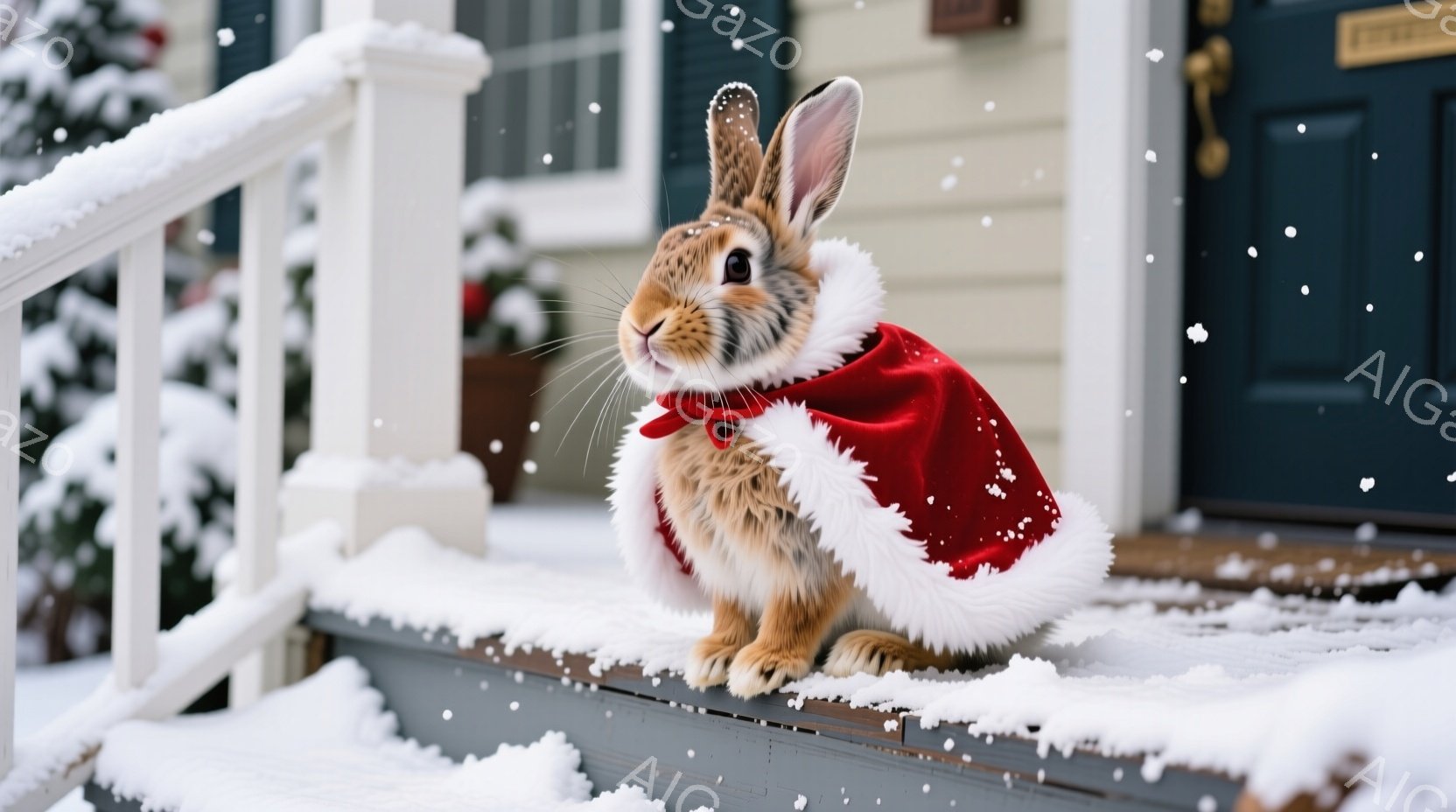 白い雪が降り積もる家の外階段に、赤色の毛皮のケープを羽織った茶色のウサギが座っています。ウサギは前足を揃えて座り、少し上目遣いで見つめており、愛らしい表情をしています。背景には雪で覆われた家の外観があり、クリスマスの飾り付けが施された植木鉢も見えます。