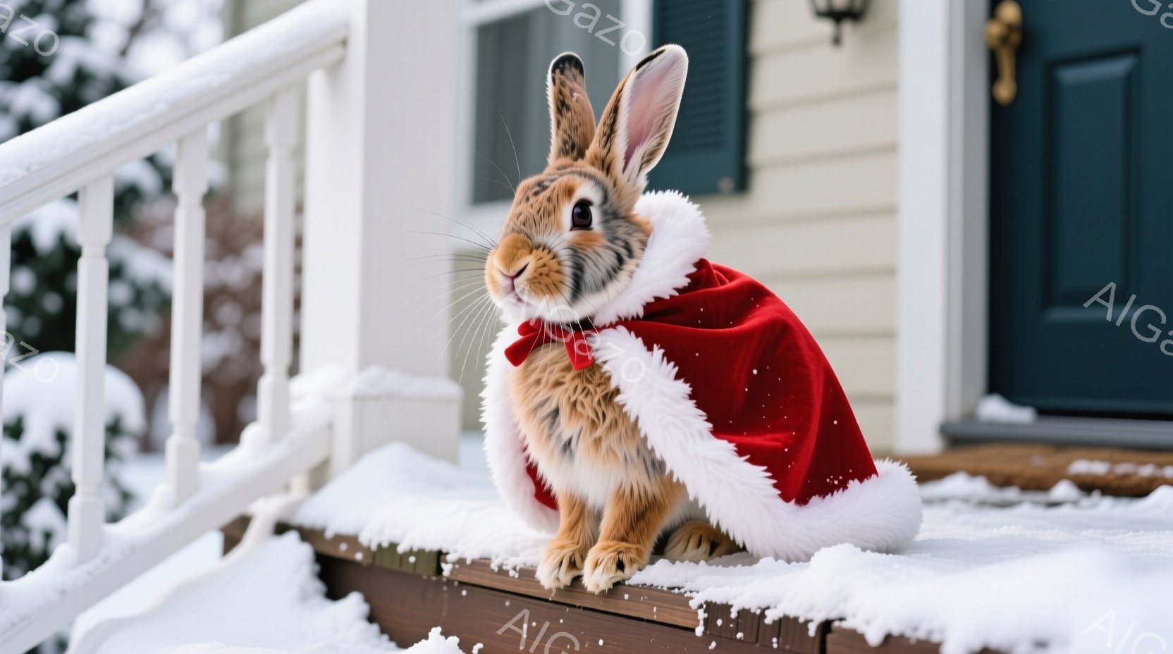 茶色のウサギが赤いマントを羽織り、雪の積もった家の階段に座っています。ウサギは前足を揃え、落ち着いた表情でこちらを見ており、首には赤いリボンが結ばれています。背景には雪景色が広がり、白い手すりと家の壁 - AI生成フリー素材