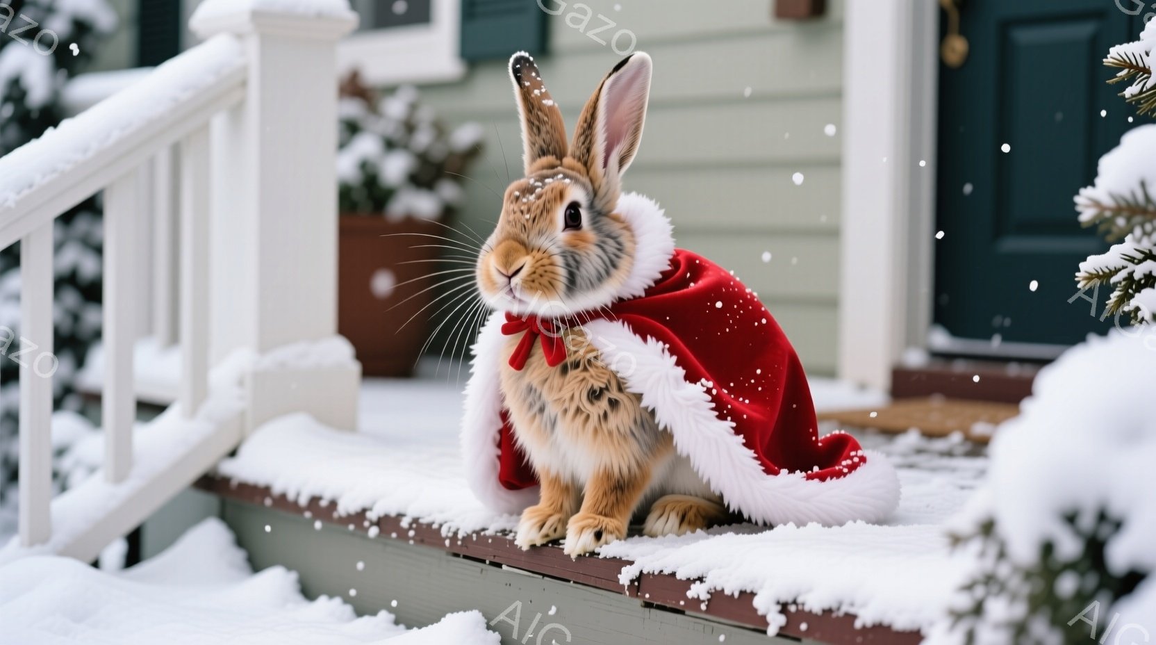 雪が降り積もる家の外階段に、赤いマントを羽織ったうさぎが座っています。うさぎは茶色と白の毛並みで、前足を揃えて控えめな表情をしています。背景には雪に覆われた植物と家の外観が見え、クリスマスの雰囲気が漂 - AI生成フリー素材