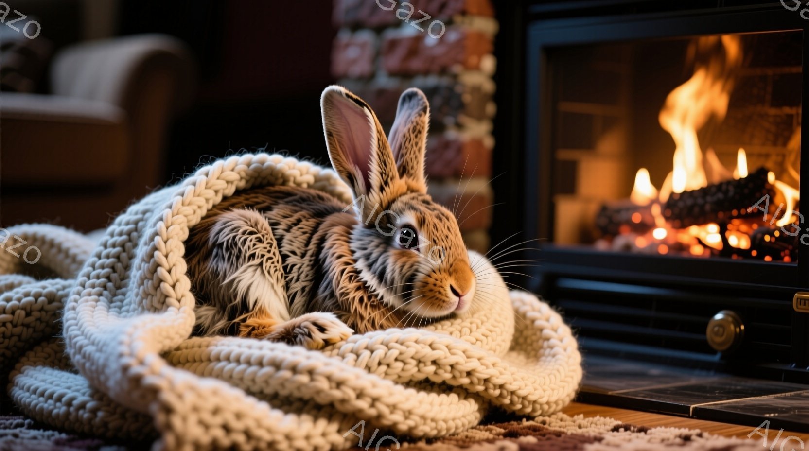 温かい編み物のブランケットに包まれた茶色のウサギが、リラックスした様子でこちらを見ている。背景には暖炉があり、炎が燃え盛っているため、暖かく居心地の良い雰囲気を感じさせる。ウサギの毛並みは柔らかそうで、冬の暖炉の前でくつろぐ姿は、見る人に安らぎを与える。