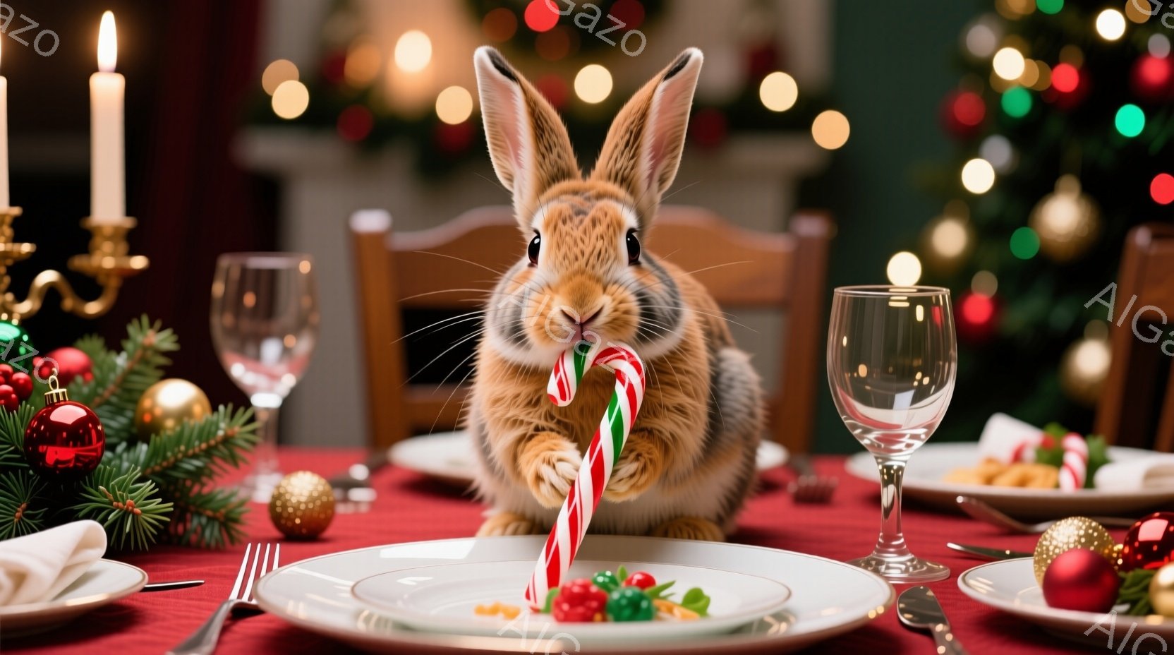 明るい赤色のテーブルクロスの上に、可愛らしい茶色のウサギがクリスマスカラーのキャンディケーンを抱えています。背景にはぼやけたクリスマスツリーの光と、装飾されたテーブルセッティングが見え、温かくお祝いム - AI生成フリー素材