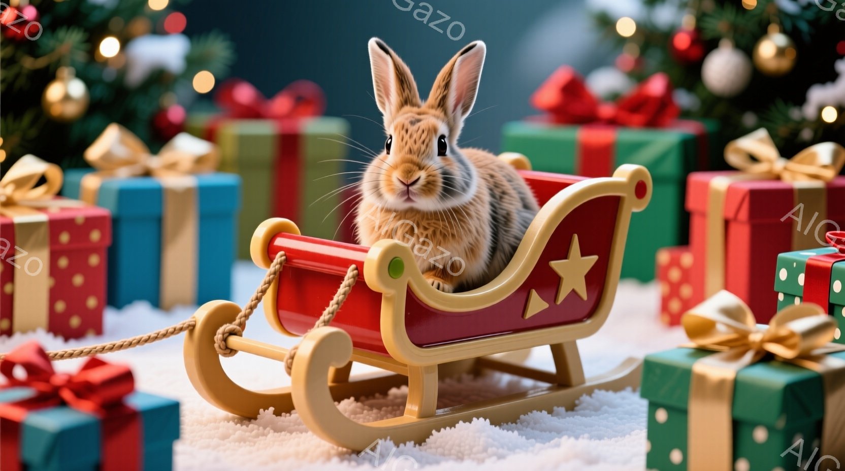 赤茶色のうさぎが赤いそりに乗って、楽しそうに前を見つめている。背景には緑と赤の包装紙で飾られたプレゼントの山と、ぼやけたクリスマスツリーの光が見え、雪が積もった床の上に置かれている。全体的に暖かく、お - AI生成フリー素材