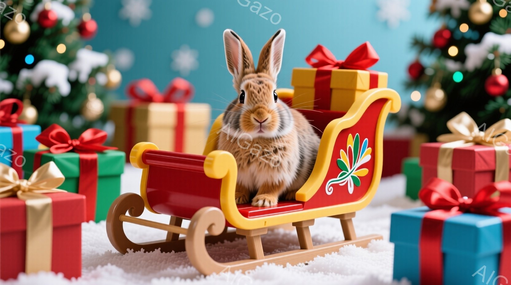 赤褐色のウサギが、赤いそりに座ってこちらを見ています。背景には、プレゼントボックスがいくつか置かれ、緑色のクリスマスツリーがぼんやりと見え、白い雪が敷かれた床に置かれています。全体的に、暖かく、お祝い - AI生成フリー素材
