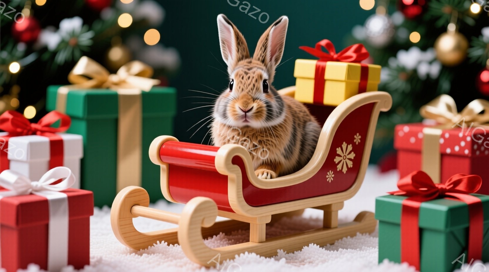 雪の上に小さな赤いそりに座ったうさぎが写っています。うさぎは前を向いており、耳をピンと立てています。背景には、緑、赤、金色のリボンで飾られたプレゼントボックスがいくつか置かれ、クリスマスの雰囲気を醸し - AI生成フリー素材