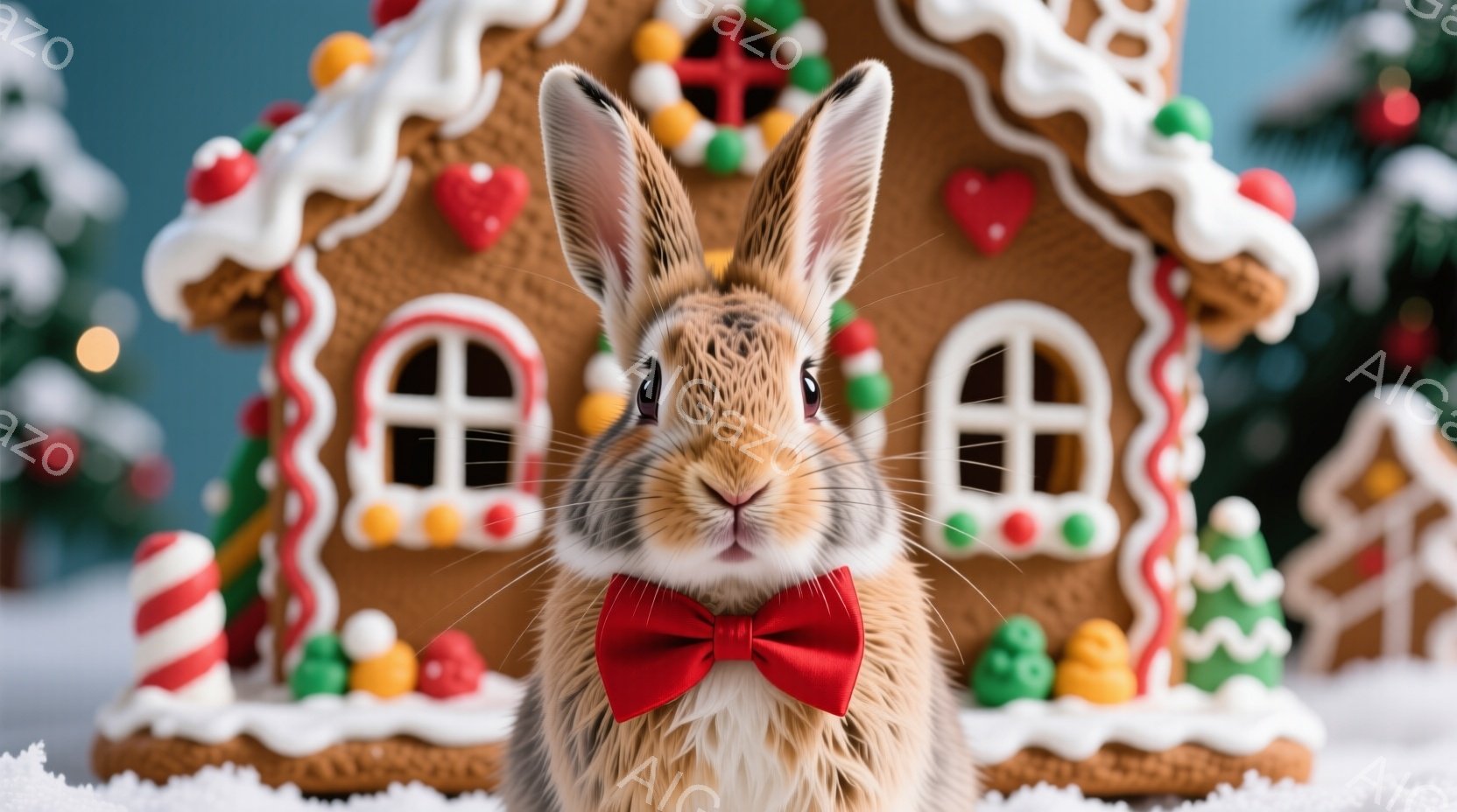 茶色いウサギが赤い蝶ネクタイを付けて正面を見つめています。背景には、雪景色の中にジンジャーブレッドハウスとクリスマスツリーがあり、お祝いの雰囲気です。ウサギは可愛らしい表情で、まるでクリスマスのカード - AI生成フリー素材