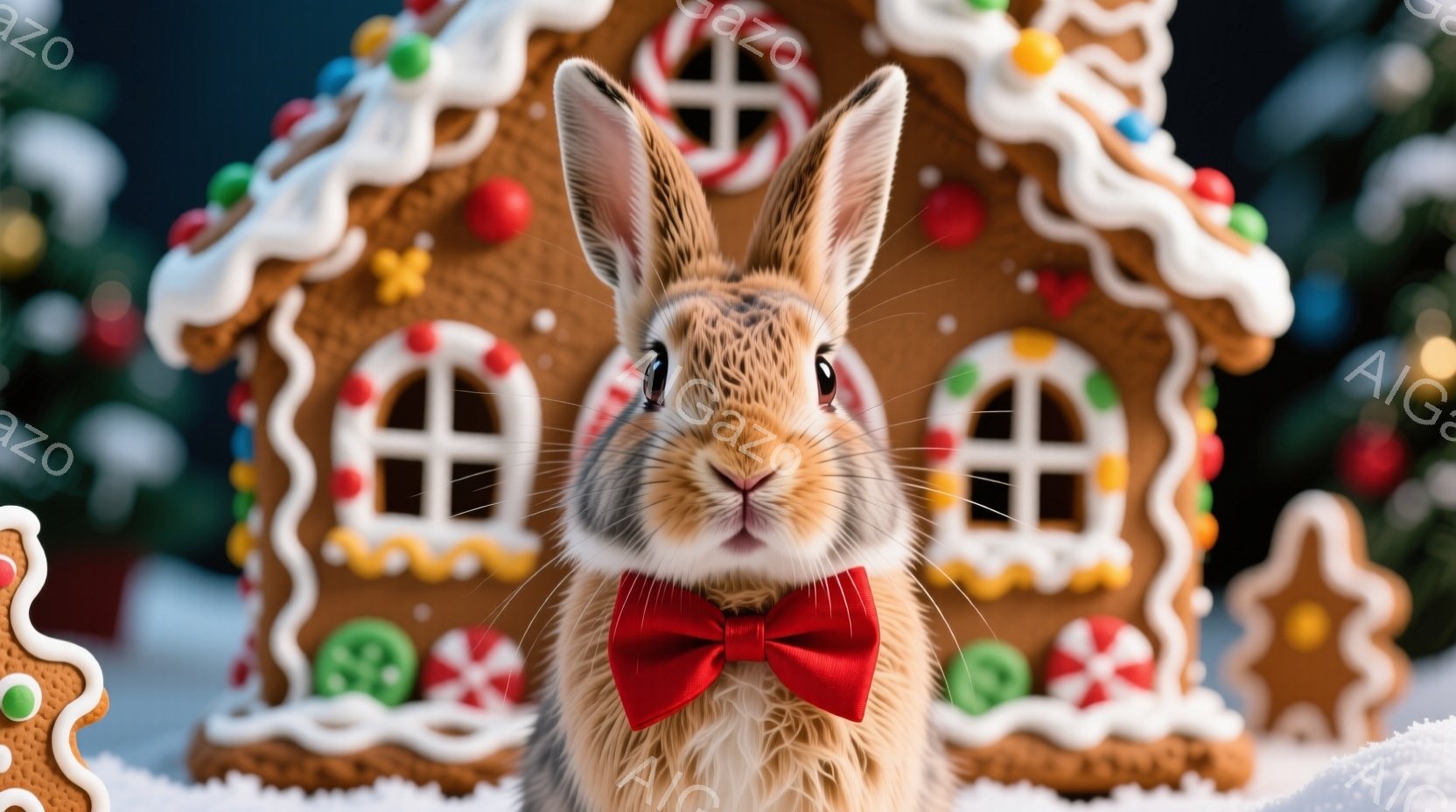 明るい茶色のウサギが、赤い蝶ネクタイをつけ、正面を見つめています。背景にはジンジャーブレッドハウスや雪景色が見え、クリスマスの雰囲気が漂っています。ウサギは可愛らしい表情で、観る者を魅了します。
