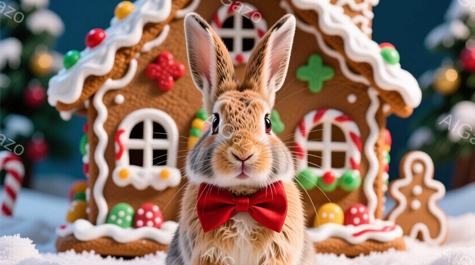 暖炉のようなジンジャーブレッドハウスを背景に、赤い蝶ネクタイを付けた茶色のウサギが正面を見つめています。ウサギは可愛らしい表情で、少し首を傾げているような、穏やかな姿勢です。背景には雪が降り積もり、ジ - AI生成フリー素材