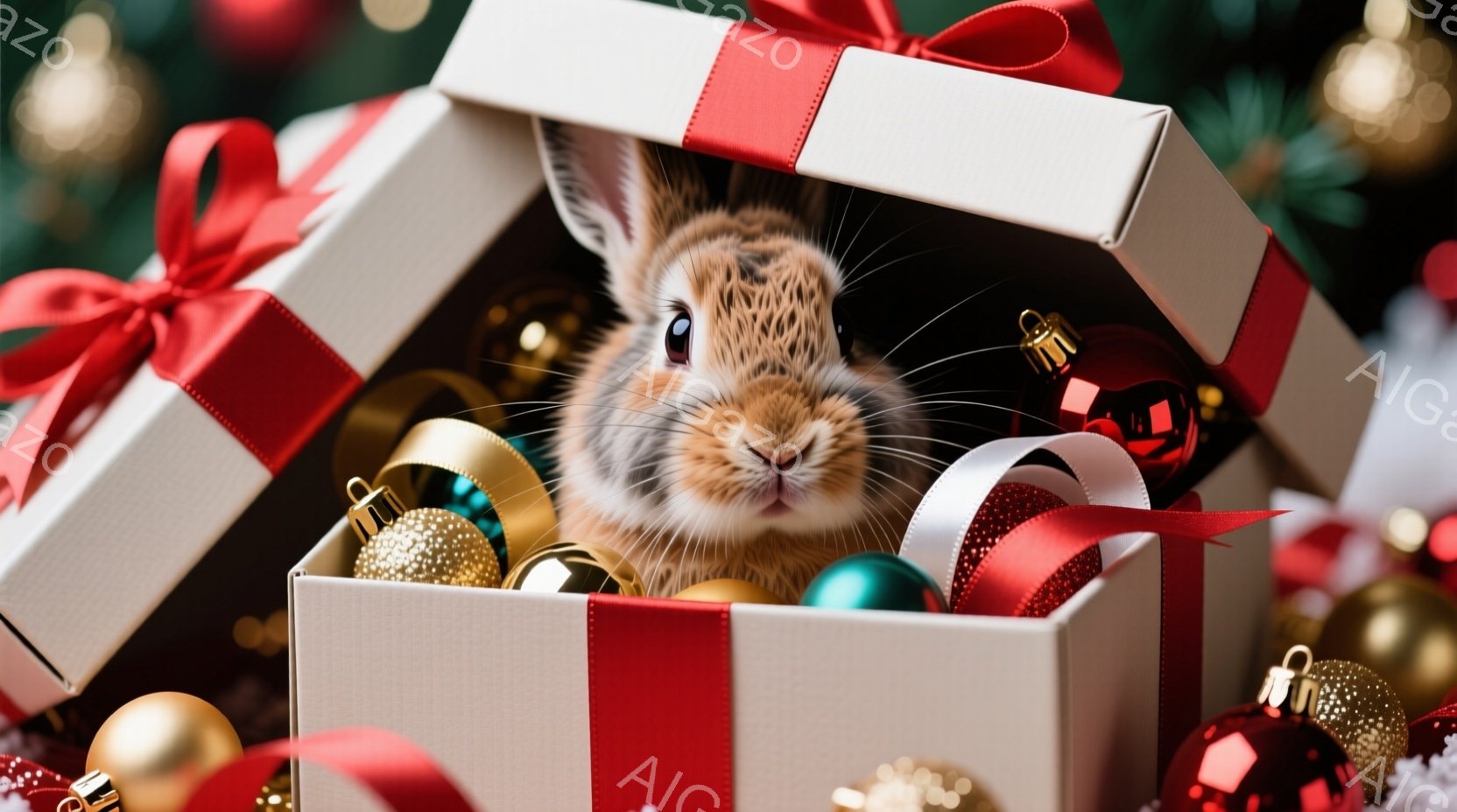 クリスマスオーナメントとプレゼントボックスの中に、かわいらしい茶色のうさぎが顔を出しています。うさぎは少し好奇心旺盛そうな表情で、周りのキラキラとした飾りを見つめています。背景には、赤や金のオーナメン - AI生成フリー素材