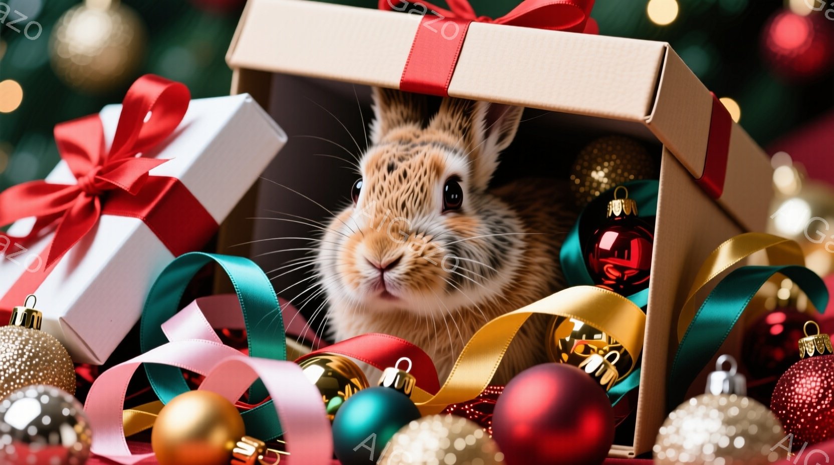 箱の中に可愛らしい茶色のウサギが顔を出し、好奇心旺盛な表情でこちらを見ている。箱の周りには、赤、緑、金色のリボンやクリスマスオーナメントが散りばめられ、華やかな雰囲気を作り出している。背景はぼやけているが、クリスマスツリーの光がちらちらと見え、温かく楽しいホリデーシーズンを予感させる。