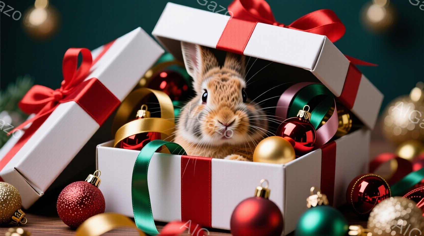白いギフトボックスの中に、オレンジ色のうさぎが顔を出しています。ボックスは緑のリボンで飾られており、周りには赤や金、緑のクリスマスオーナメントが散りばめられています。暖かく、お祝いの雰囲気で、クリスマ - AI生成フリー素材
