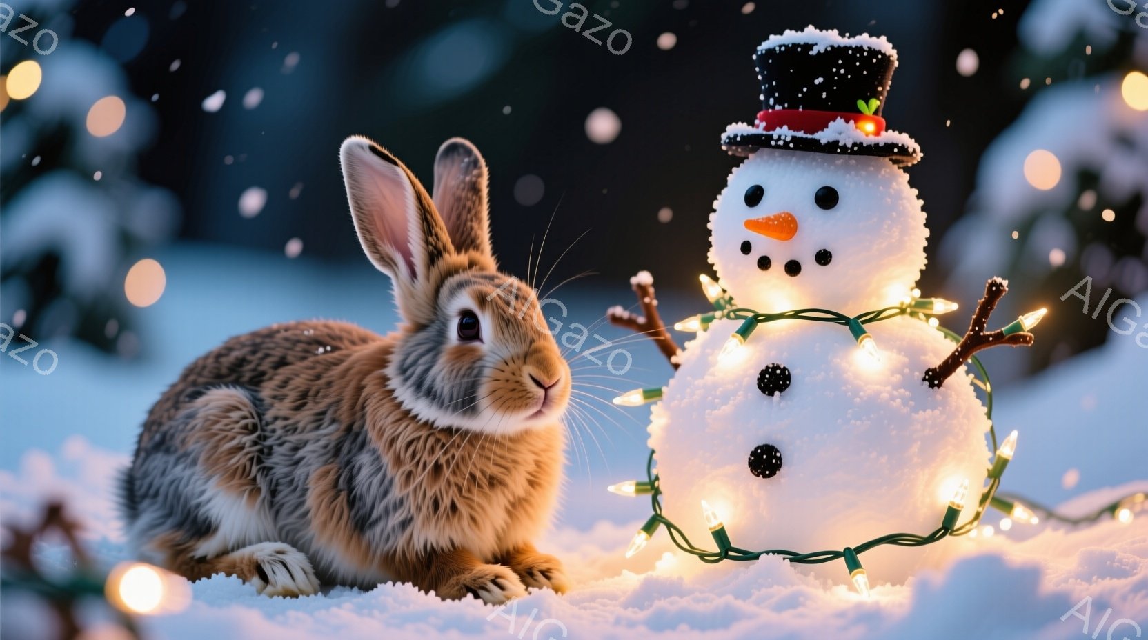 雪景色の中で、茶色のウサギが雪だるまと並んで座っています。雪だるまは、にんじんの鼻と石ころの目、そして頭には帽子をかぶっており、カラフルなイルミネーションライトで飾られています。背景にはぼやけた木々が - AI生成フリー素材