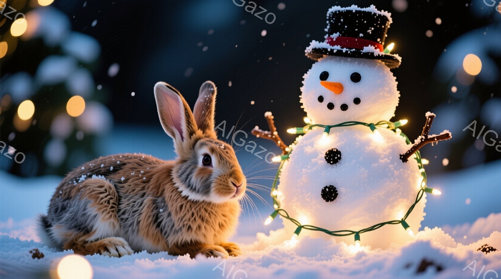 雪の上に茶色のウサギが座っており、その横にはイルミネーションで飾られた雪だるまが立っています。ウサギは前足を伸ばし、少し顔を上げて穏やかな表情をしています。背景にはぼやけた緑の木々と、光る電球が散りば - AI生成フリー素材