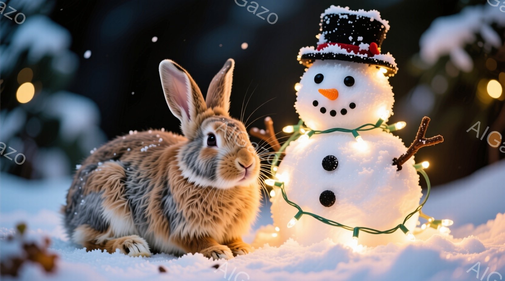 雪の上に座っている茶色のウサギと雪だるまが写っています。ウサギは正面を見ており、雪だるまは小さな帽子をかぶり、緑色の電飾で飾られています。背景は暗い森で、ぼんやりとした光が雪景色を照らし、温かく穏やか - AI生成フリー素材