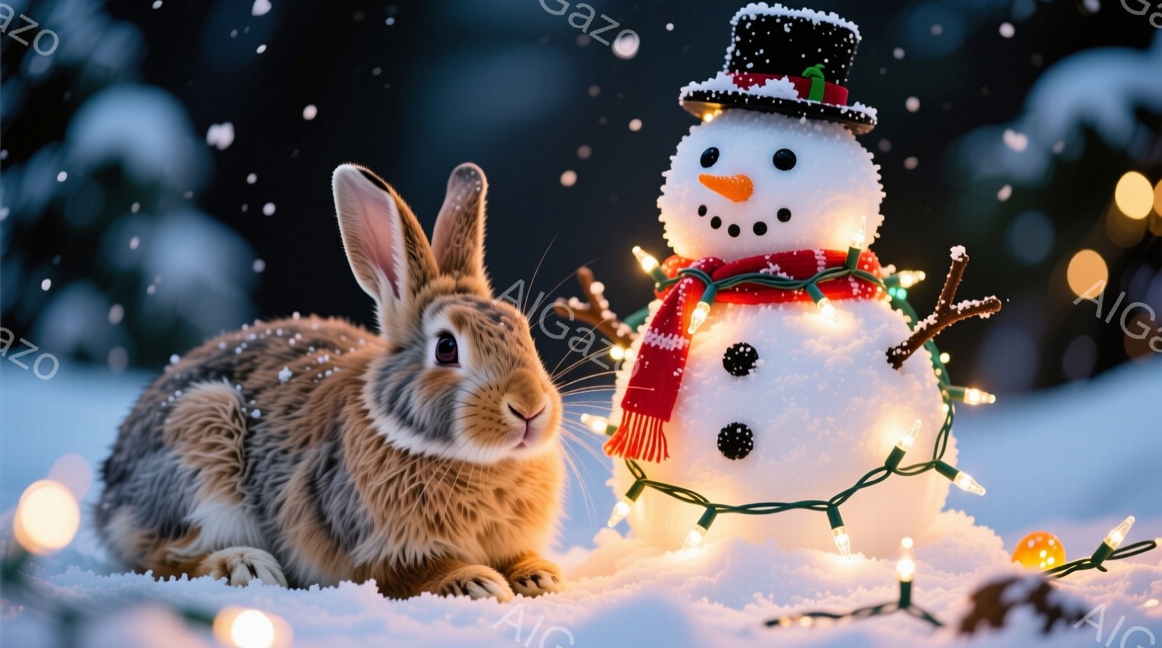 茶色い毛並みのウサギが雪の上に座っており、正面には雪だるまが立っている。雪だるまは黒い帽子をかぶり、赤いマフラーを巻き、オレンジ色の鼻と黒い目を持つ。背景にはぼんやりと木々が見え、温かい光のイルミネー - AI生成フリー素材
