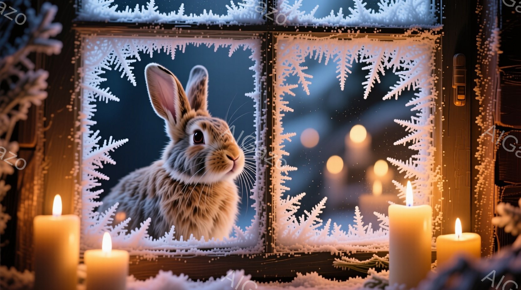 窓枠に霜が降り積もり、その中に毛並みの美しい茶色のウサギが正面を見つめている。ウサギは警戒心と好奇心を湛えた表情で、丸い瞳が光を捉えている。背景にはぼやけた光が灯る冬の夜景が広がり、窓辺には暖かく揺ら - AI生成フリー素材