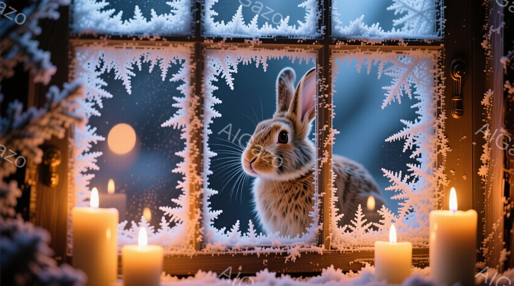 凍てつく冬の夜を背景に、窓枠に寄りかかった茶色のウサギがこちらを見つめている。窓ガラスには雪の結晶が描かれており、窓の左右には点灯したロウソクが並び、暖かく幻想的な雰囲気を醸し出している。遠くには満月 - AI生成フリー素材