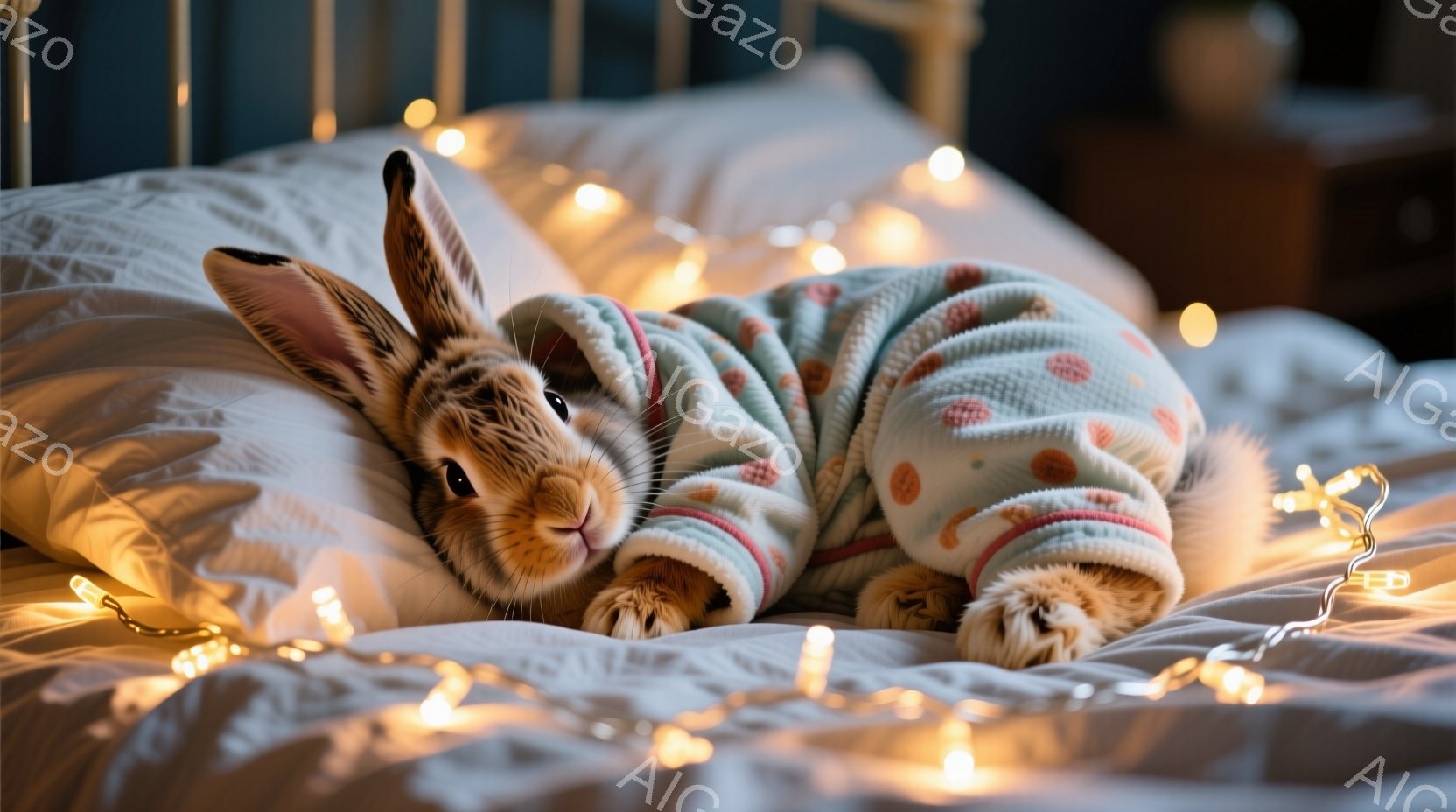 暖かな光に包まれたベッドの上で、可愛らしいウサギがリラックスした様子で横たわっています。薄い水色のドット柄のパーカーを着ており、短い足元が可愛らしいです。背景にはぼんやりとベッドヘッドボードが見え、全 - AI生成フリー素材