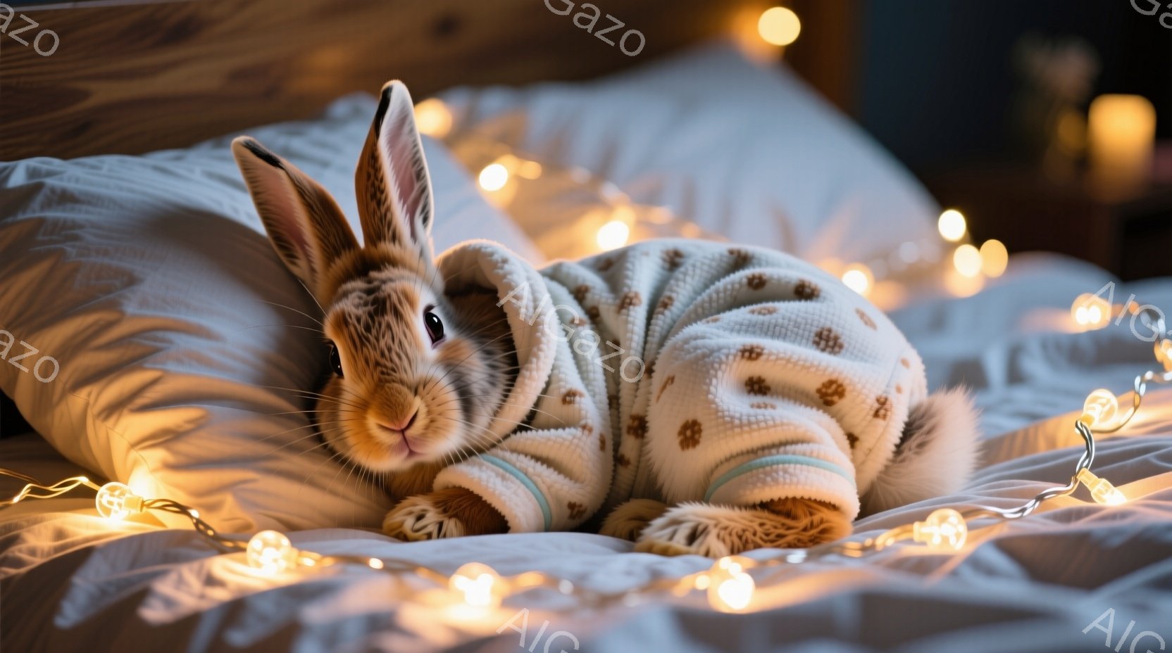 白いベッドの上に、可愛らしい茶色のウサギが白い毛並みのローブのようなものを着て横たわっています。ウサギはリラックスした表情で、片足を少し曲げ、落ち着いた姿勢を見せています。背景にはぼんやりとした照明と - AI生成フリー素材