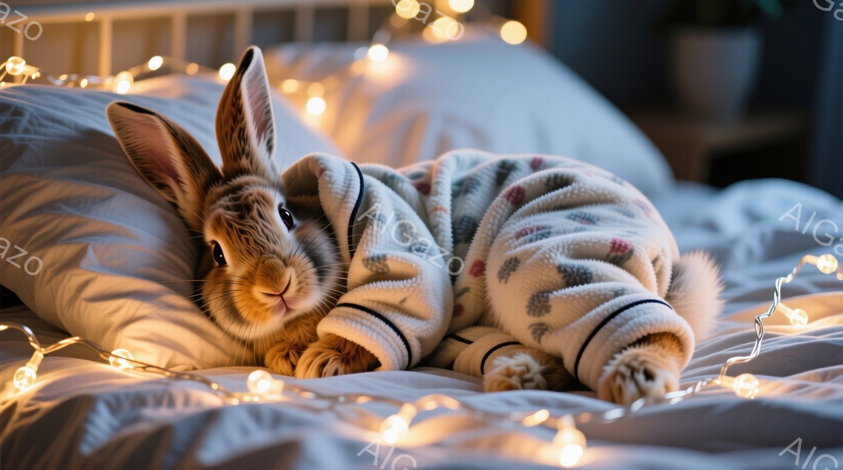 茶色いウサギが白いベッドの上で、花柄のふわふわしたローブを羽織って仰向けに寝ています。ウサギはリラックスした表情で、前足を重ねて少し可愛らしいポーズをとっています。背景にはぼやけた光のストリングライトと枕が見え、温かく穏やかな雰囲気を醸し出しています。