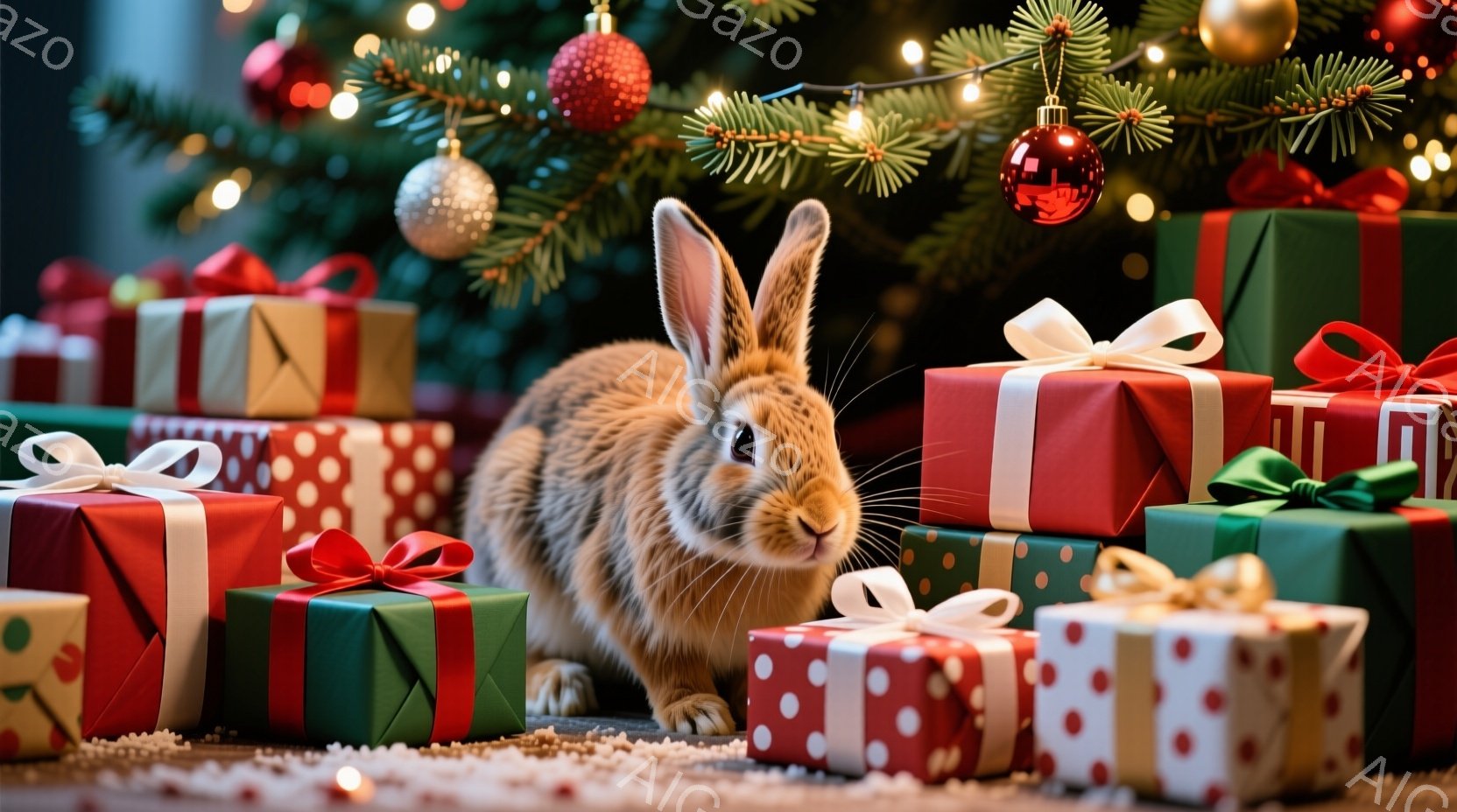 明るい赤い目をした茶色のウサギが、クリスマスプレゼントの山の中に座っています。プレゼントは赤、緑、赤と白のドット模様で、それぞれリボンで飾られています。背景には暗緑色のクリスマスツリーが見え、小さな光が点滅しており、全体的に暖かく、お祝いの雰囲気です。