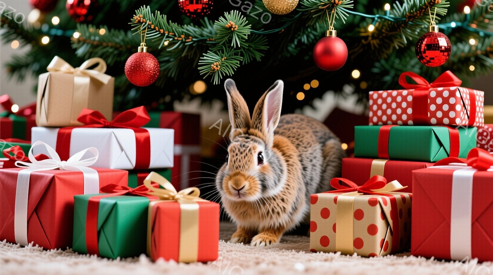 茶色いウサギが、クリスマスツリーの下に積み上げられたプレゼントの山の中に座っています。プレゼントは赤、緑、金色の包装紙で、それぞれリボンで飾られています。背景には、ぼやけたクリスマスツリーと、温かい光が灯り、祝祭の雰囲気を醸し出しています。