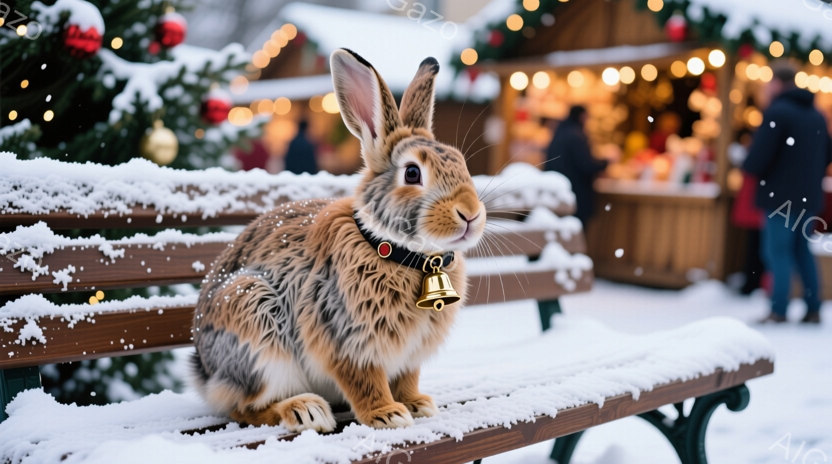 白い雪が降り積もるベンチに、茶色の毛並みのウサギが座っています。ウサギは赤い首輪に小さな金のベルが付いており、前足を綺麗に揃えて正面を見ています。背景には、ぼやけたクリスマスマーケットの光が灯り、冬の - AI生成フリー素材