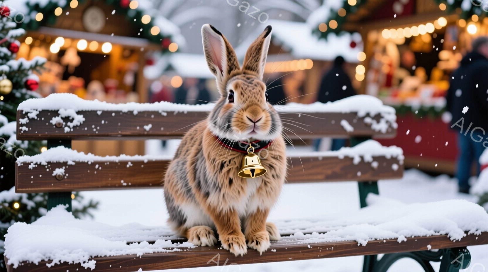 灰褐色のウサギが雪の積もったベンチに座っており、赤い首輪には小さな金のベルが付いています。背景にはクリスマスマーケットのような賑やかな風景がぼやけており、雪が舞う冬の雰囲気が漂っています。ベンチや周囲 - AI生成フリー素材