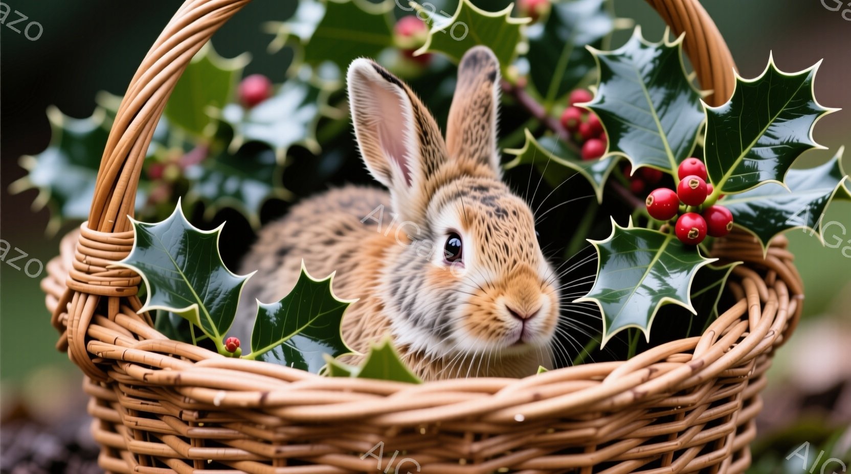 籠の中に、茶色い毛並みのうさぎが丸まって座っています。うさぎは正面を見つめており、少し警戒したような、あるいは好奇心旺盛な表情をしています。籠の周りには、赤い実をつけたヒイラギが飾られており、自然豊かで温かい雰囲気を醸し出しています。