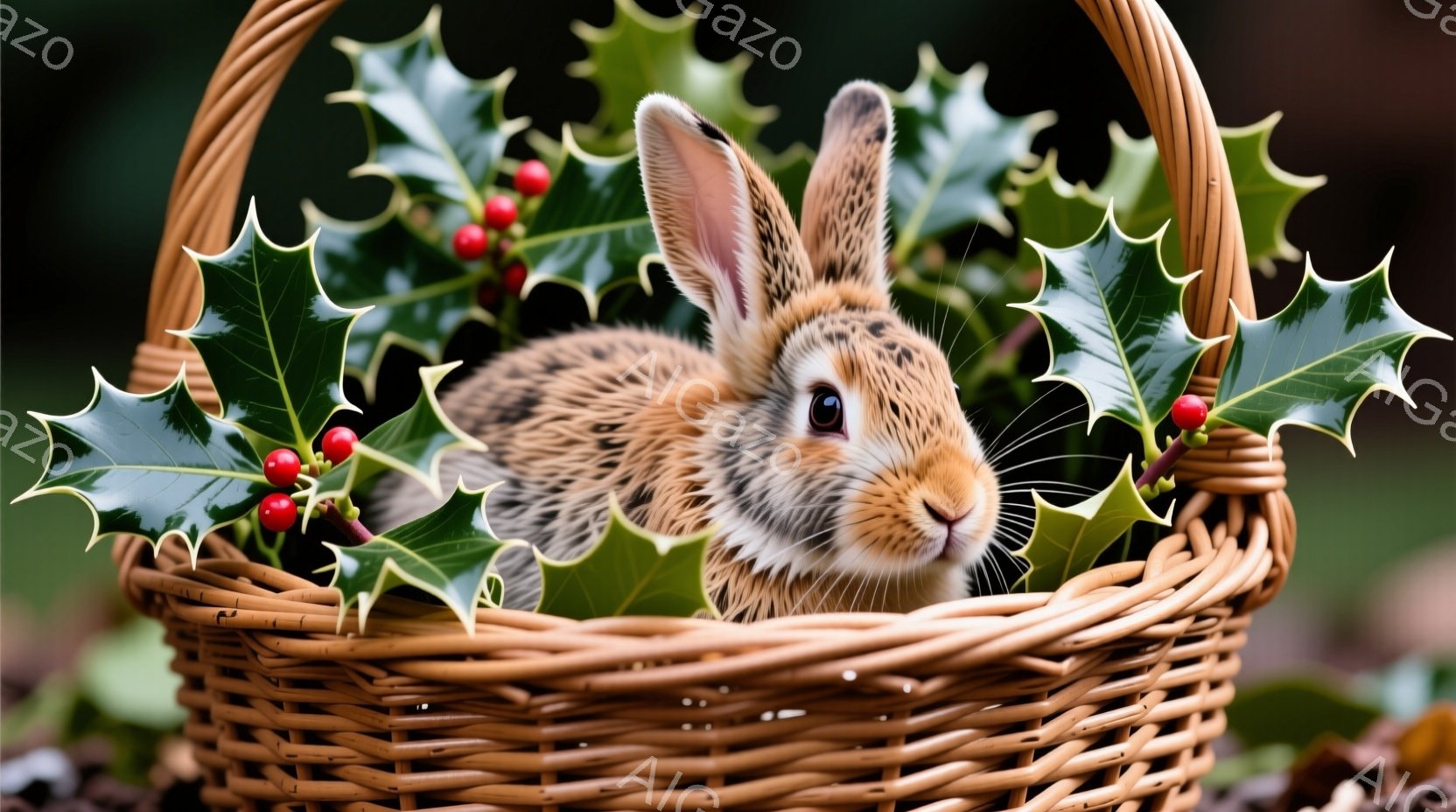 籠の中に、茶色の毛並みのウサギが可愛らしく座っています。ウサギは前足を揃え、少し不安そうに見つめながらも、丸い瞳が印象的です。背景には緑の葉と赤い実が散りばめられており、自然を感じさせる温かい雰囲気で - AI生成フリー素材