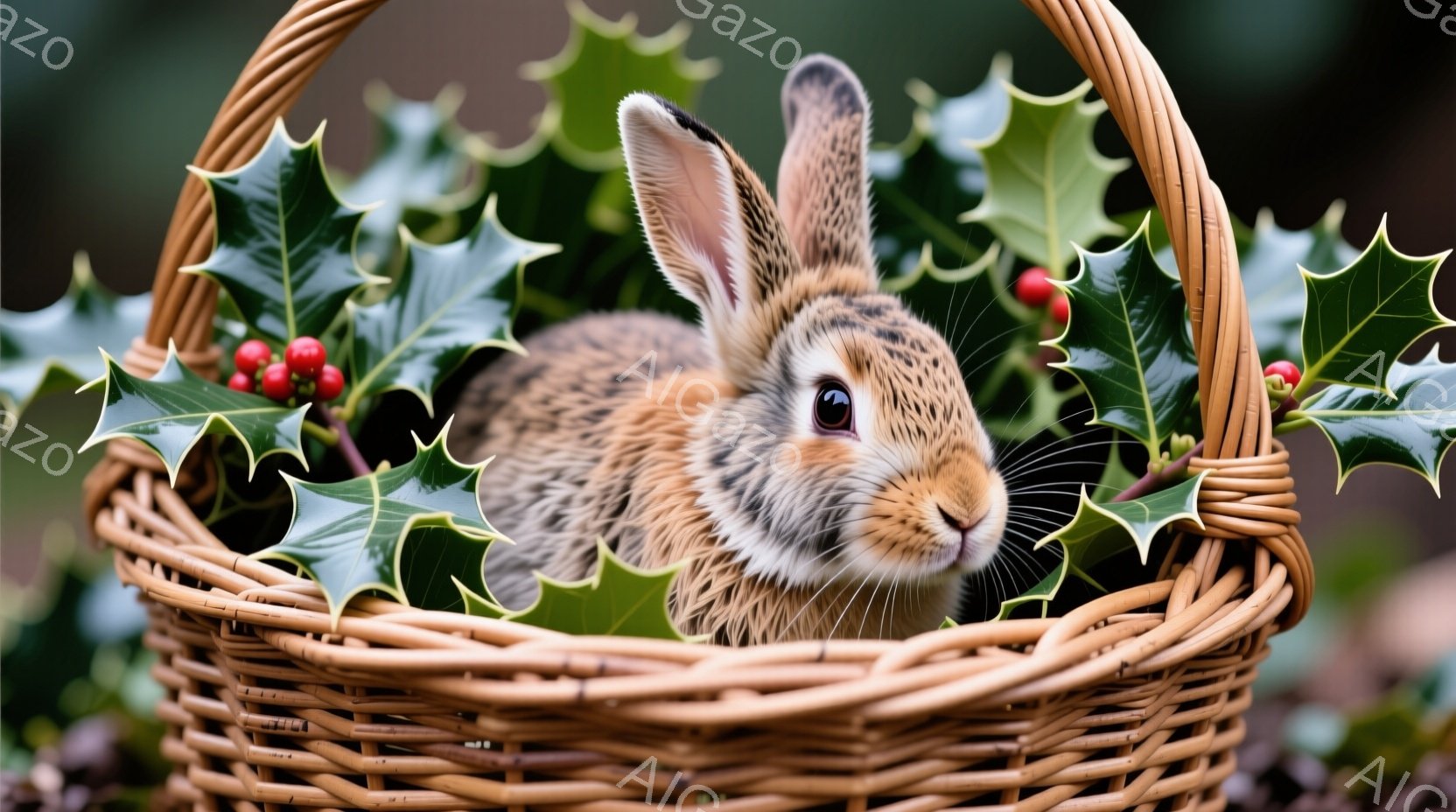 籠の中に可愛らしい茶色のウサギが座っており、好奇心とわずかな不安が入り混じった表情で正面を見ています。籠の周りには赤い実の付いた緑の葉が飾られており、クリスマスの雰囲気を感じさせます。背景はぼかされて - AI生成フリー素材