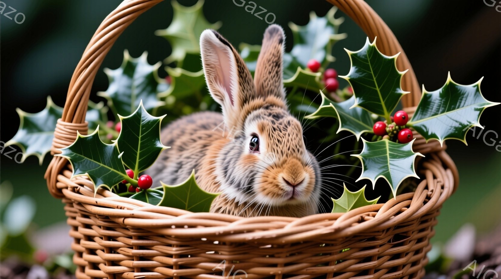 籠の中に、茶色い毛並みの可愛らしいウサギが丸まって座っています。ウサギは正面を見据え、つぶらな瞳が印象的で、赤い実のついた葉っぱが籠の周りを彩っています。背景は緑色にぼやけており、全体的に暖かく、お祝いの雰囲気が漂います。