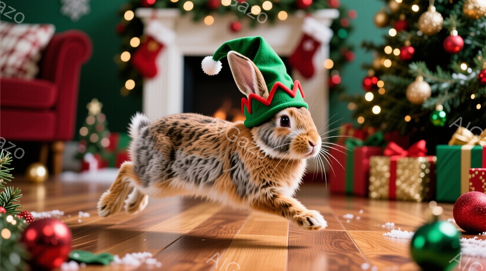 明るいクリスマスを背景に、茶色のウサギが赤いフローリングの上を駆け抜けています。ウサギは小さな緑色のサンタ帽をかぶり、元気いっぱいの表情で楽しそうに飛び跳ねています。背景にはクリスマスツリー、プレゼン - AI生成フリー素材