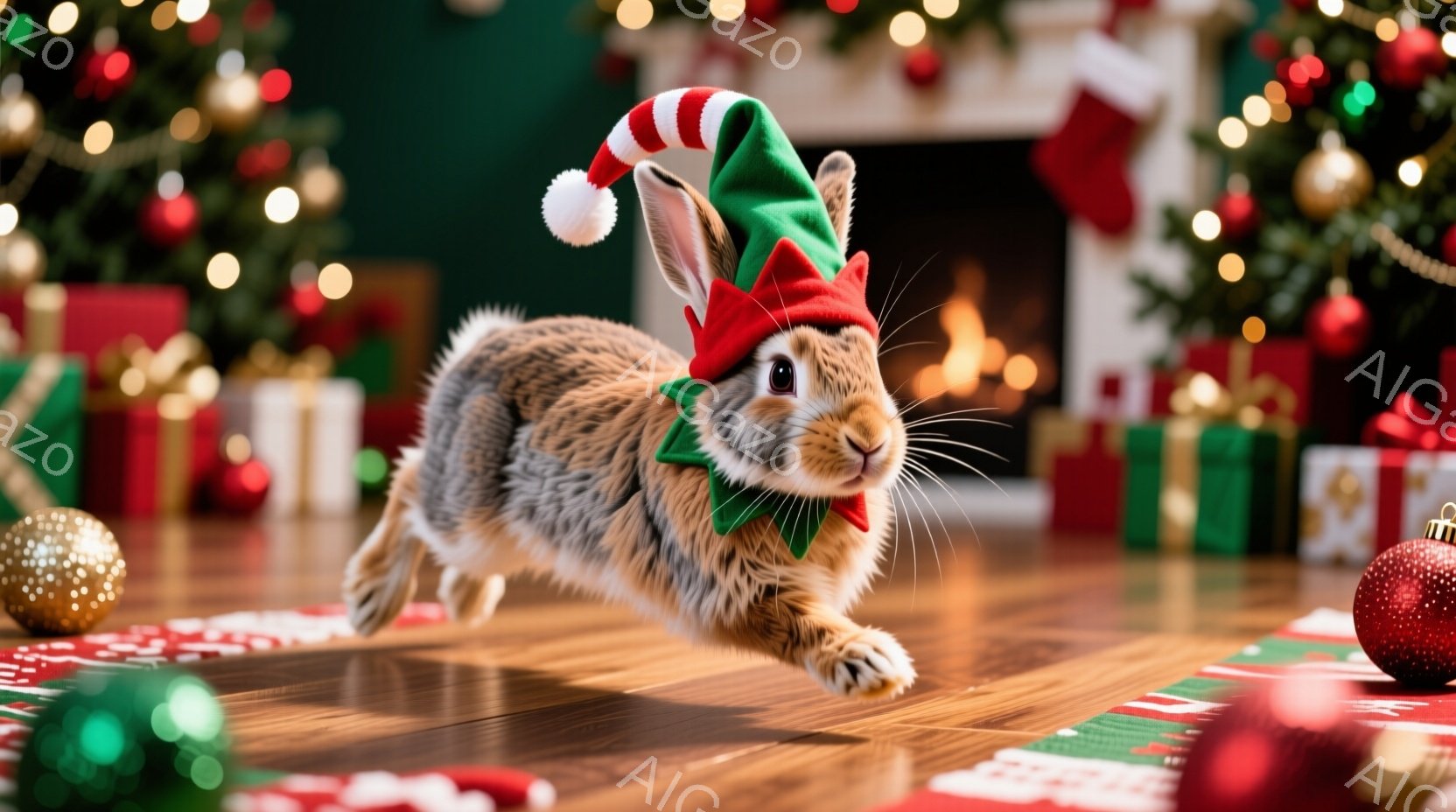 暖炉の前には、クリスマスの帽子と蝶ネクタイをつけた可愛らしいウサギが勢いよく駆けています。背景には、装飾されたクリスマスツリーやプレゼントが置かれ、お祝いの雰囲気が漂っています。全体的に暖かく、遊び心 - AI生成フリー素材