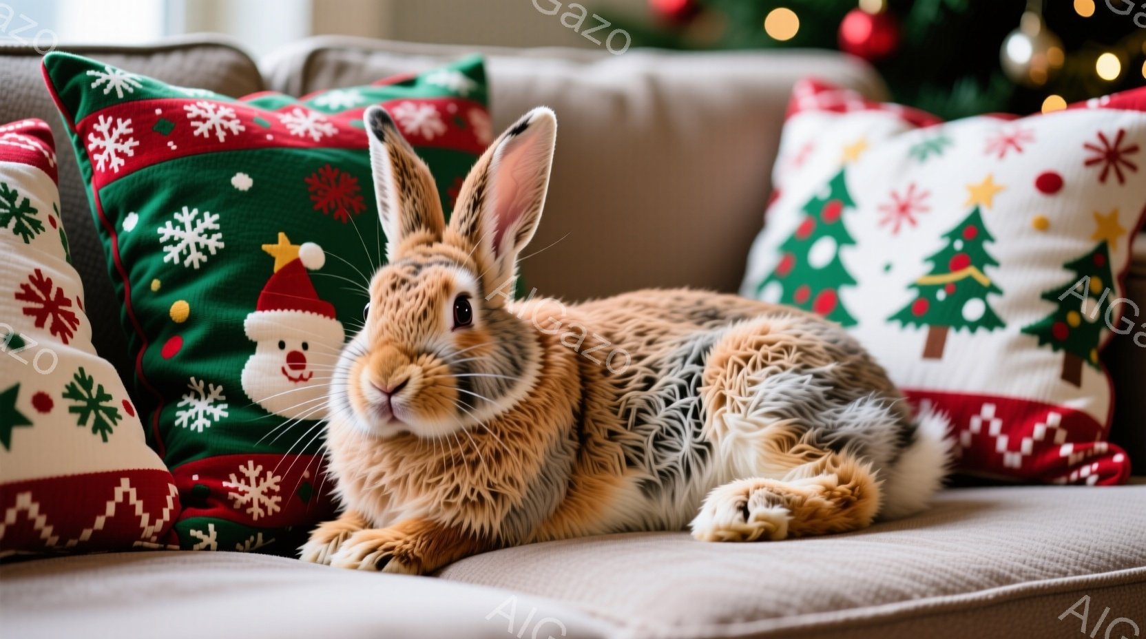 明るい茶色の毛並みを持つウサギが、クリスマスの柄のクッションに囲まれたソファで横たわっています。ウサギは赤いサンタの帽子をかぶり、顔を正面に向けてカメラを見ています。背景にはぼやけたクリスマスツリーが - AI生成フリー素材