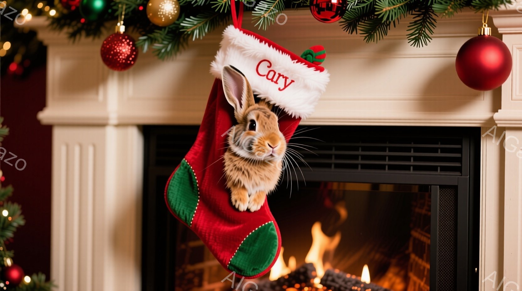 暖炉の前に赤いクリスマスストッキングが吊るされており、中には茶色のウサギが顔を出しています。ウサギは好奇心旺盛な表情でカメラを見つめており、ストッキングには「Cary」と刺繍されています。背景にはクリ - AI生成フリー素材