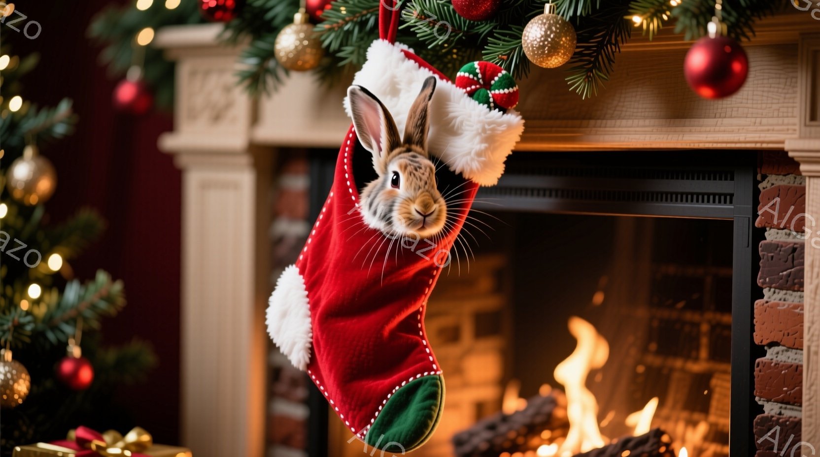 赤いクリスマスストッキングの中に、可愛らしいウサギが顔を出しています。ウサギは少し緊張した表情で、まるでプレゼントのようにストッキングから覗いています。背景には暖炉の火が燃え、クリスマスツリーと装飾が - AI生成フリー素材