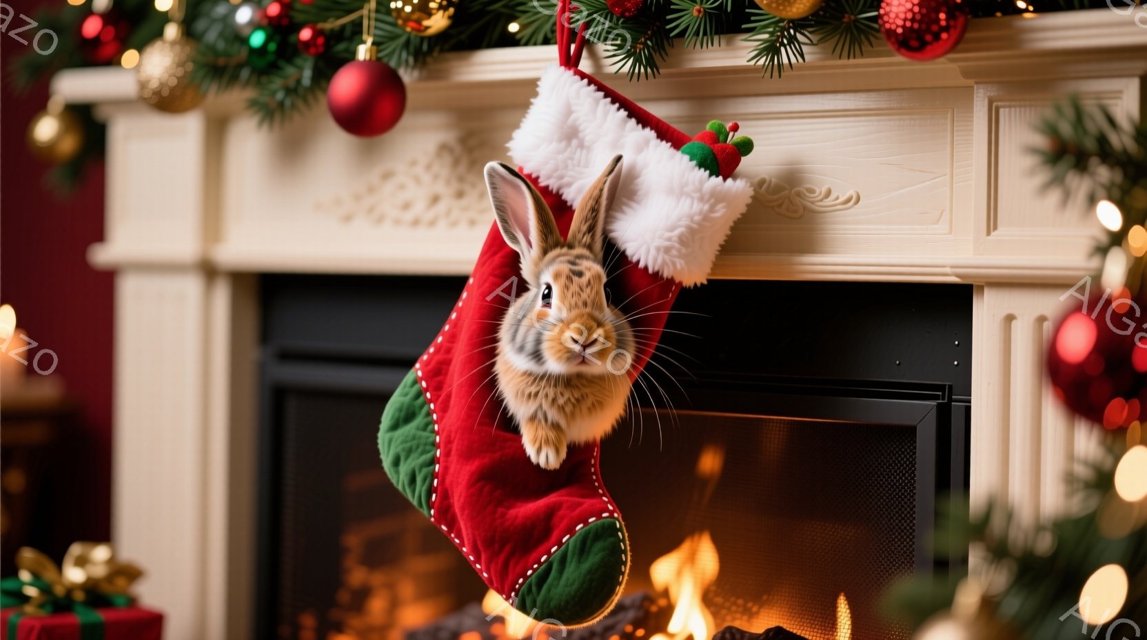 赤いクリスマスストッキングの中から、可愛らしい白いウサギが顔を出しています。ウサギは好奇心いっぱいの表情で、少し上を見上げています。背景には暖炉の炎と、クリスマスツリーの飾り、プレゼントボックスが見え - AI生成フリー素材