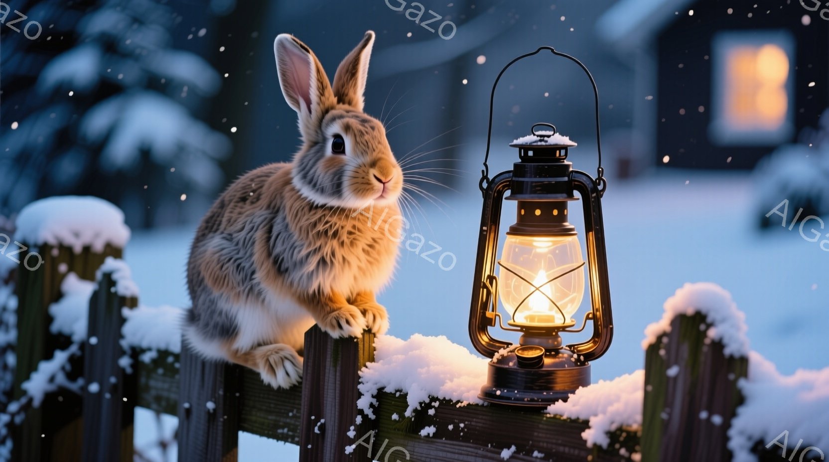 雪が降る冬の風景の中で、柵の上に座った茶色の野ウサギが描かれている。ウサギは正面を向き、丸い目で好奇心とわずかな警戒心を見せている。背景には、暖かく光る窓のある小さな家と、雪で覆われた木々が見え、静か - AI生成フリー素材