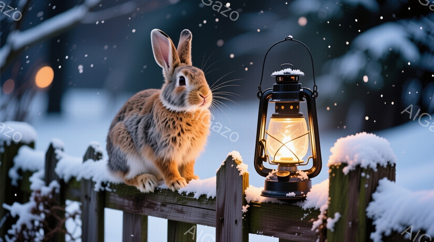 雪が降る夜、フェンスの上に座った茶色のウサギが写っている。ウサギは正面を見ており、その表情は穏やかで、雪景色に温かみが加わっている。背景には雪に覆われた木々や暗い空が広がり、フェンスの横には灯りが灯っ - AI生成フリー素材