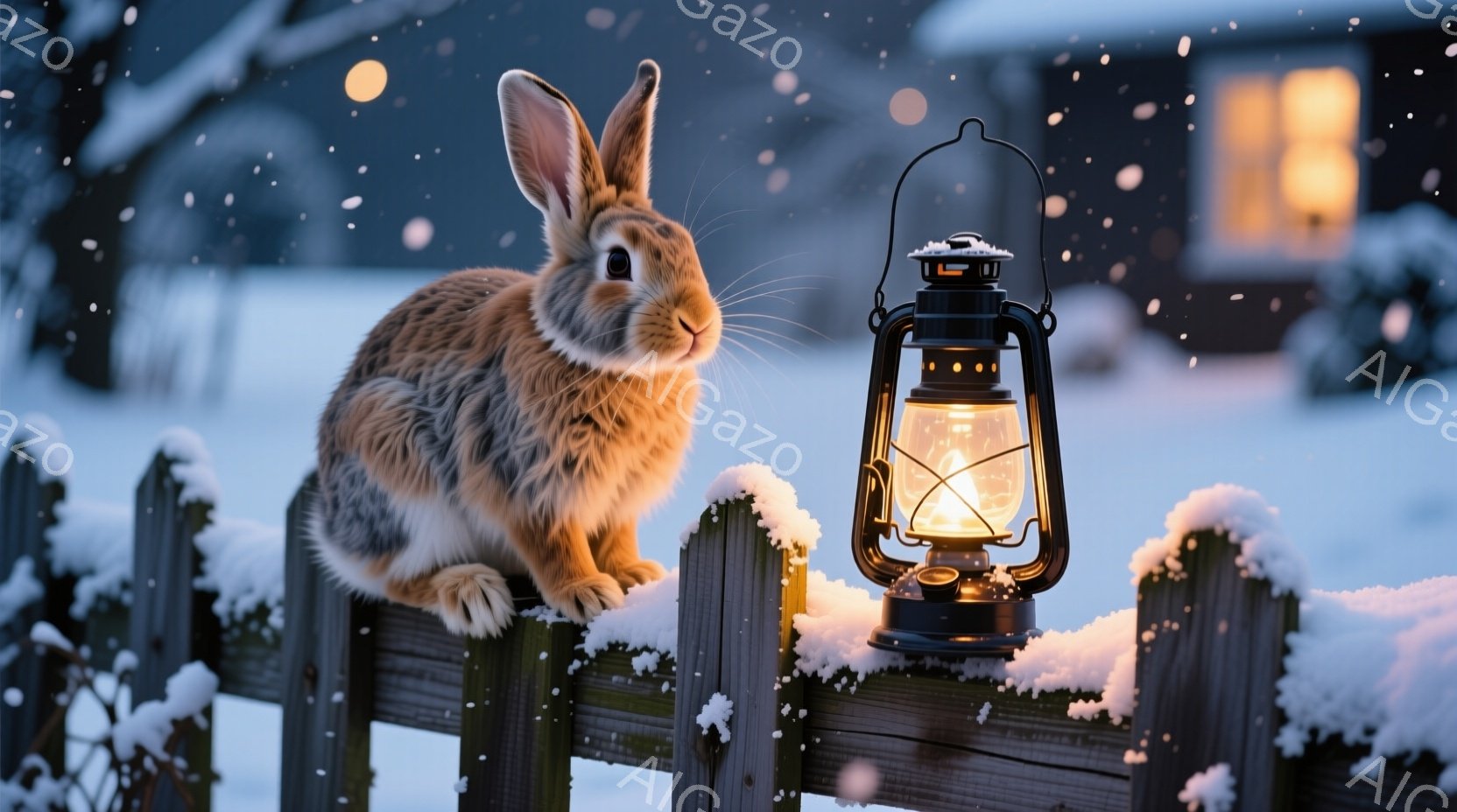 雪が降り積もる中、フェンスの上に座った茶色のウサギが描かれている。ウサギは前足を揃えて座り、丸い目に光が宿っている。背景には、ぼんやりと光る家々と、雪に覆われた木々が見え、暖かく幻想的な雰囲気を醸し出している。