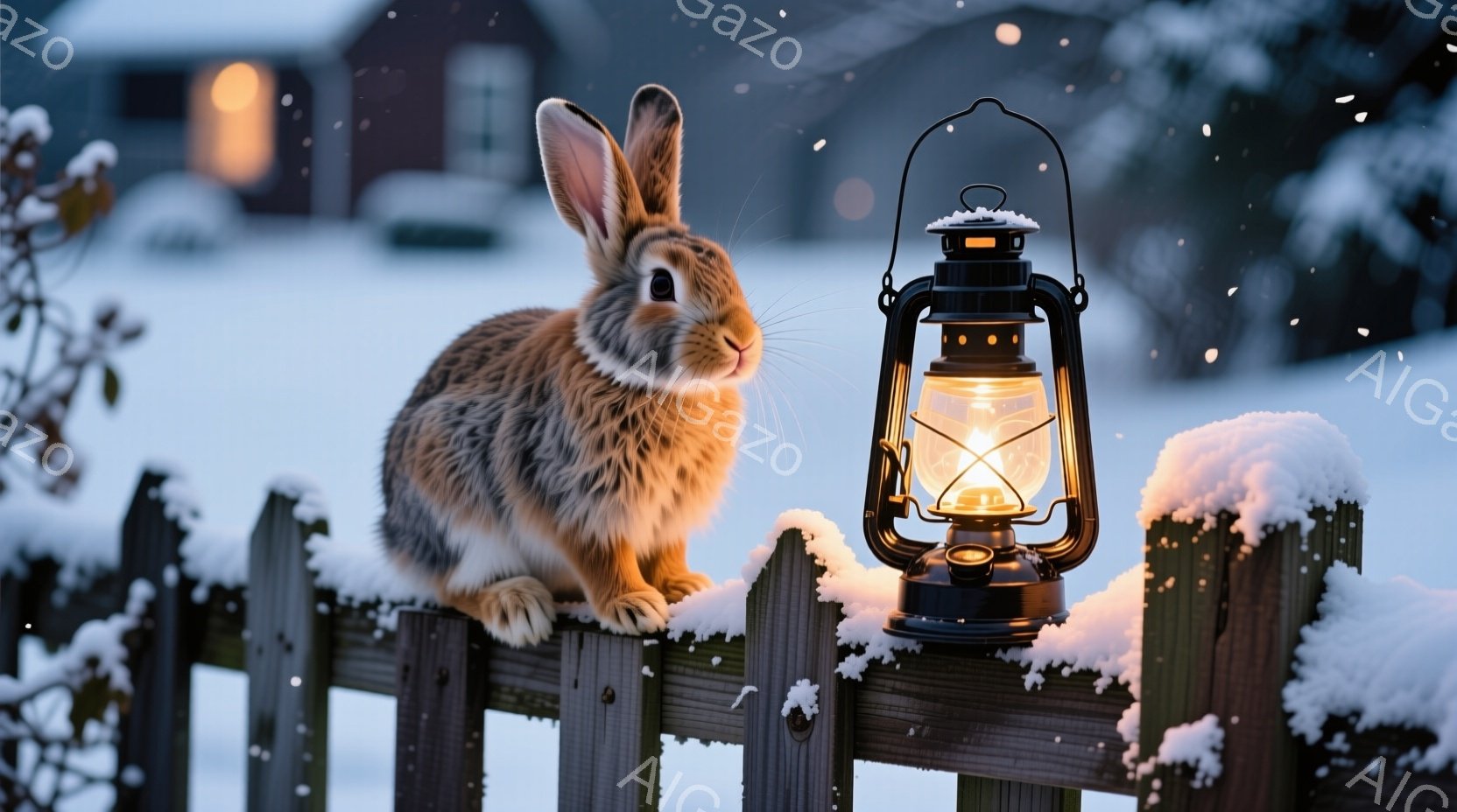 雪が降る夜、柵の上に座った茶色の野ウサギが描かれています。傍らには、暖かく光る古いタイプの石油ランタンが置かれ、ウサギの毛並みと雪に覆われた柵に温かい光が当たっています。背景にはぼんやりと家屋が見え、全体的に静かで穏やかな冬の夜の雰囲気を醸し出しています。