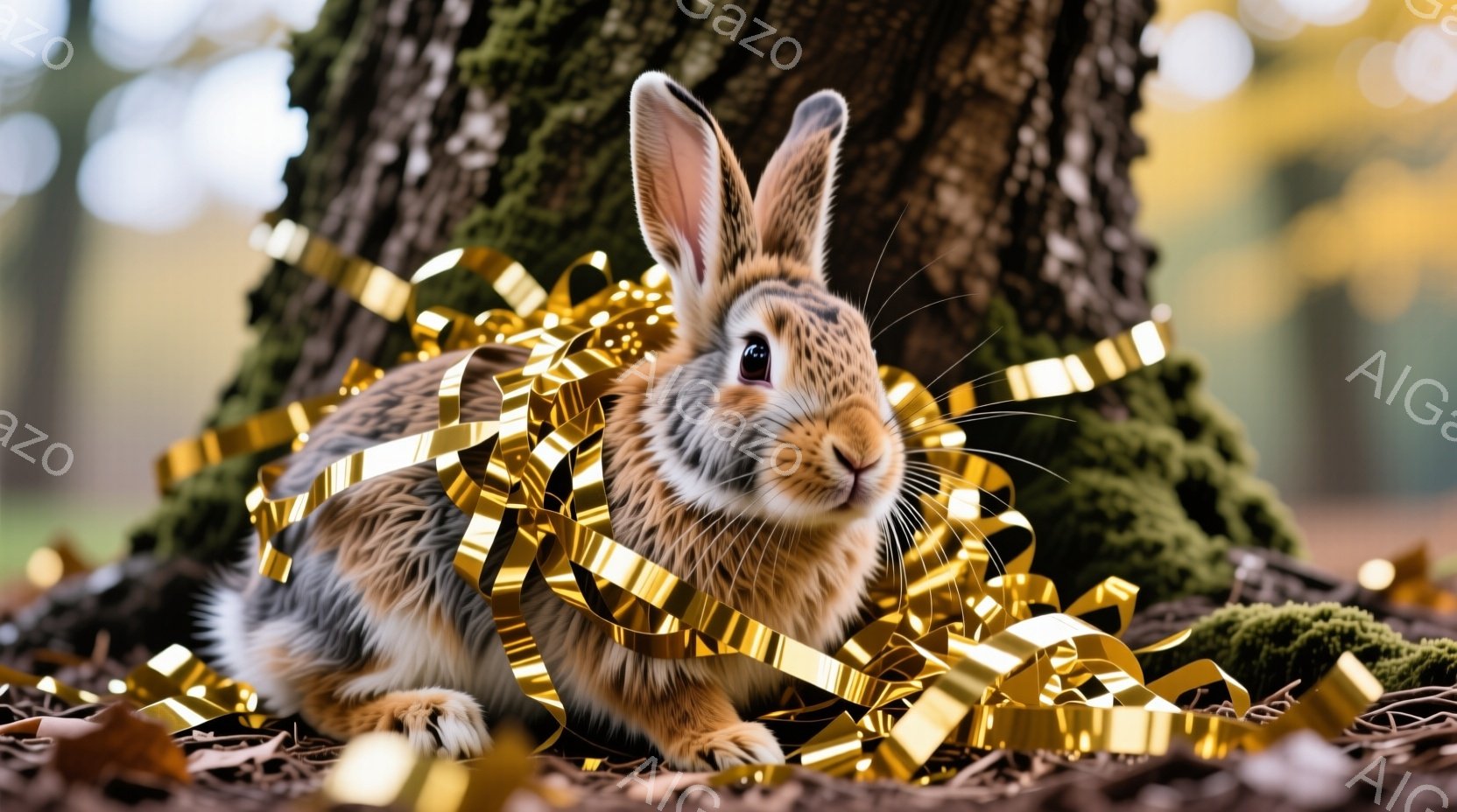 茶色と白の毛並みを持つウサギが、苔むした木の幹の前に座ってこちらを見ています。ウサギの周りには、金色のリボンが散りばめられており、秋の落ち葉と苔の緑が背景に広がっています。全体的に、暖かく穏やかな雰囲 - AI生成フリー素材