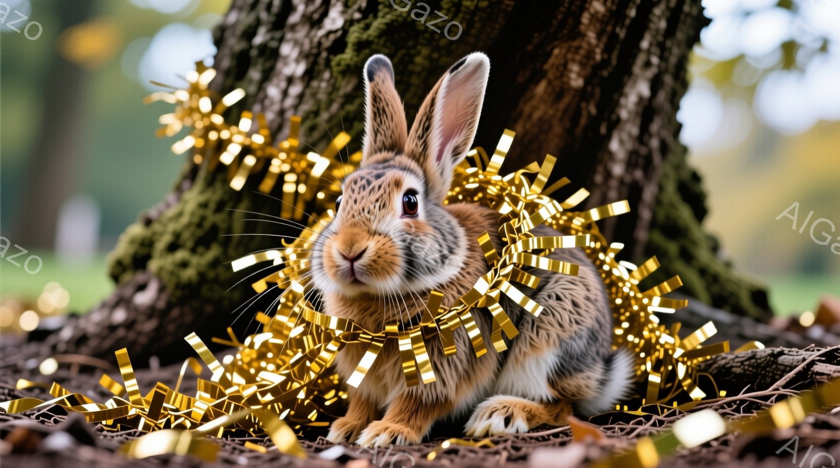 茶色と白の毛並みを持つウサギが、木の根元に座ってこちらを見ています。首には金色のリボンが巻かれており、可愛らしい表情をしています。背景には茶色の土と緑の植物が見え、穏やかで優しい雰囲気が漂っています。 - AI生成フリー素材
