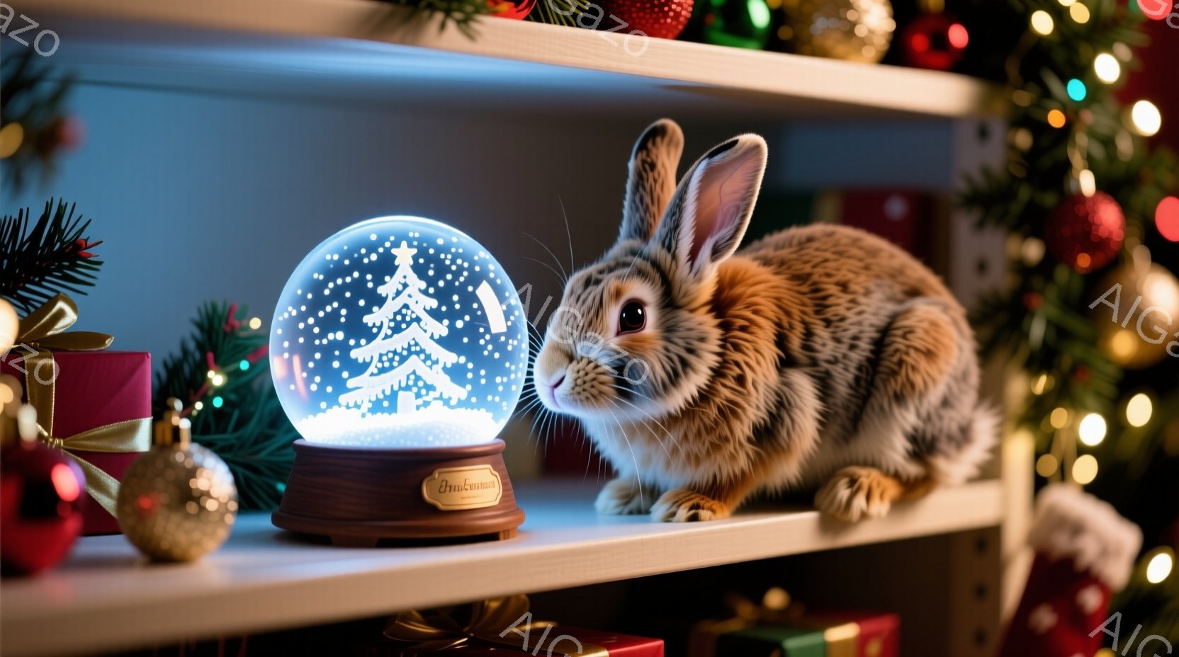 暖炉の棚の上に、クリスマスオーナメントやギフトボックスに囲まれた茶色のウサギが座っています。ウサギは雪の結晶が舞うクリスマスの雪の玉の隣で、興味津々とした表情で何かを見つめています。背景には、緑豊かな - AI生成フリー素材