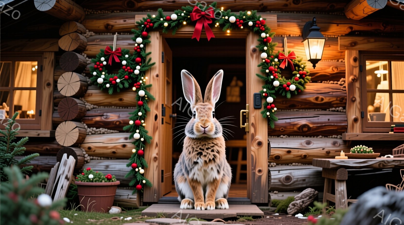 大きなウサギが、クリスマスの飾り付けがされた丸太小屋の入り口に座っています。ウサギは前足を揃えて座り、まっすぐ前を見ています。背景には、クリスマスリースや点灯されたランタンが飾られた小屋があり、暖かく - AI生成フリー素材