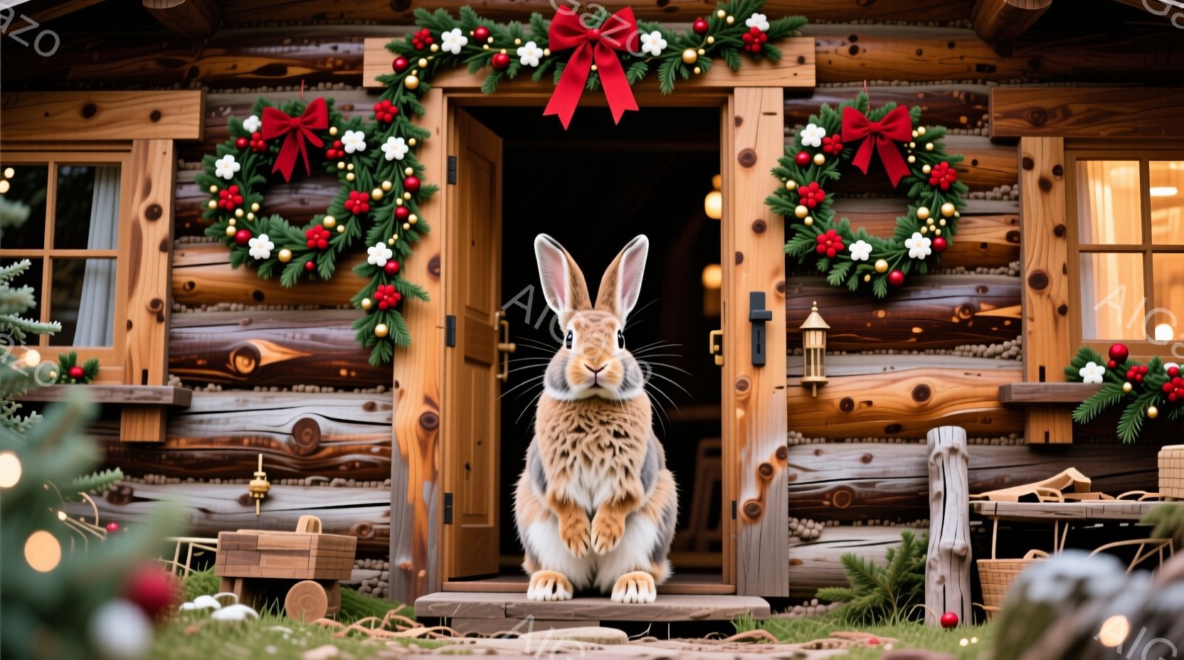 暖炉のある木の家が背景にあり、正面玄関にはクリスマスリースが飾られています。茶色いウサギが家の階段に座っており、正面をまっすぐ見ています。全体的に、温かく、お祝いの雰囲気で、クリスマスの季節を予感させます。