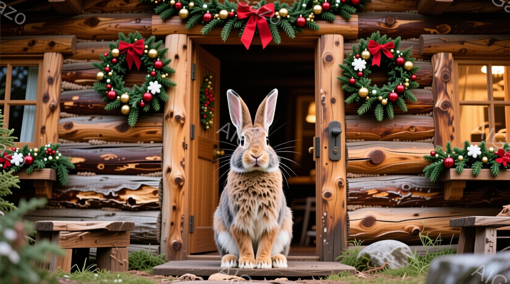 温かい木の家が背景にあり、玄関にはクリスマスリースが飾られています。大きな茶色のウサギが玄関の段に座って正面を見ており、毛並みが美しく、好奇心旺盛な表情をしています。背景は緑豊かな自然で、全体的に穏やかで心温まるクリスマスの雰囲気が漂っています。
