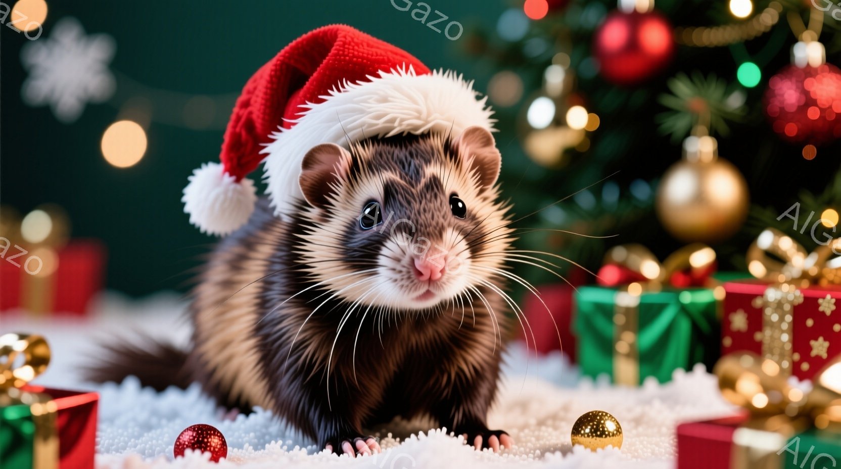 クリスマスハットをかぶったフェレットが写っています。フェレットは雪のような白い背景に横たわり、少し上目遣いでカメラを見ています。背景には、クリスマスツリーとプレゼントボックスがぼやけており、全体的に温かく、お祝いの雰囲気が漂っています。