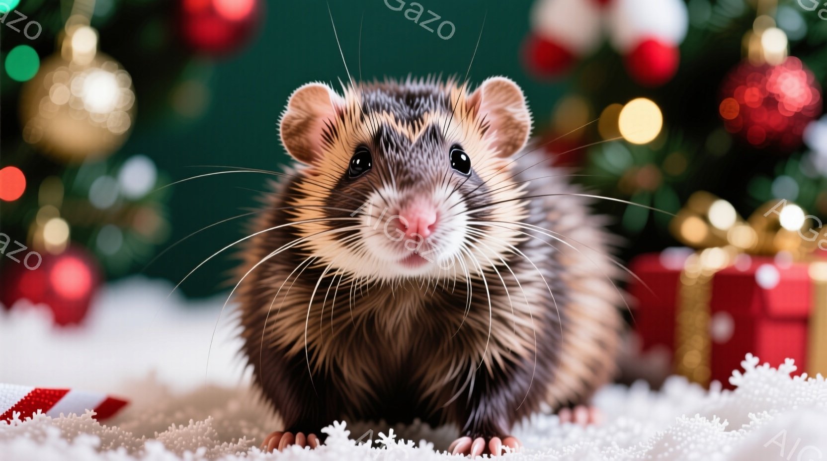 雪のような白い背景の上に座っているフェレットを写しています。フェレットは茶色と白の毛並みで、つぶらな瞳でカメラを見つめており、愛らしい表情をしています。背景にはクリスマスツリーのぼやけたライトと赤い飾 - AI生成フリー素材
