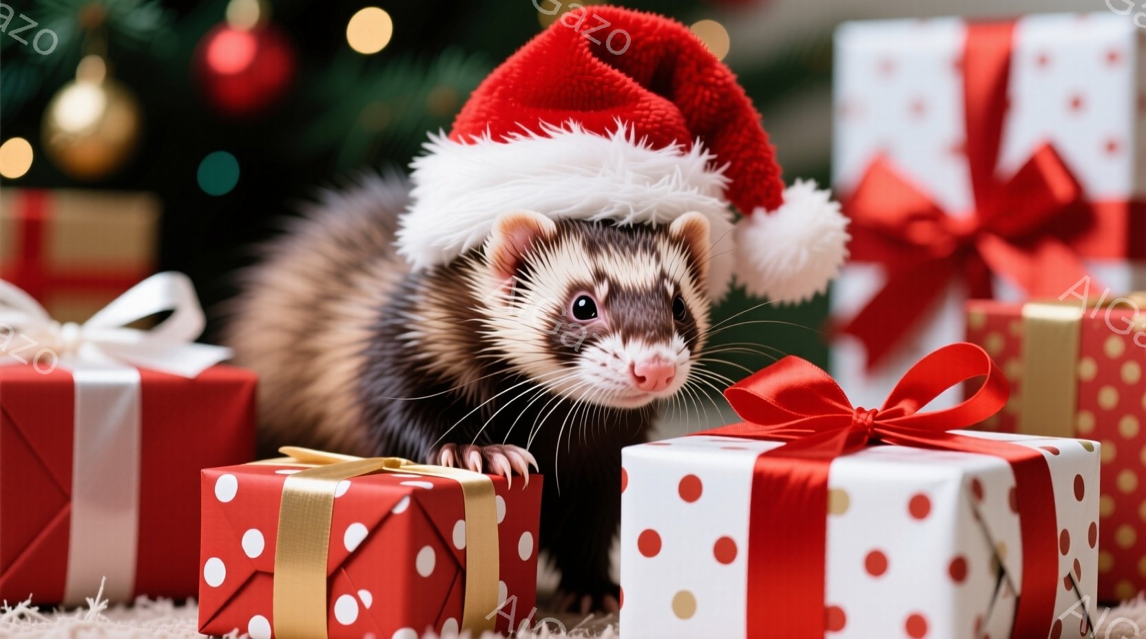 イタチがクリスマスプレゼントの山の中で座っています。赤いサンタ帽をかぶり、興味津々とした表情で前を見つめています。背景にはぼやけたクリスマスツリーと装飾が見え、お祝いムードを醸し出しています。 - AI生成フリー素材